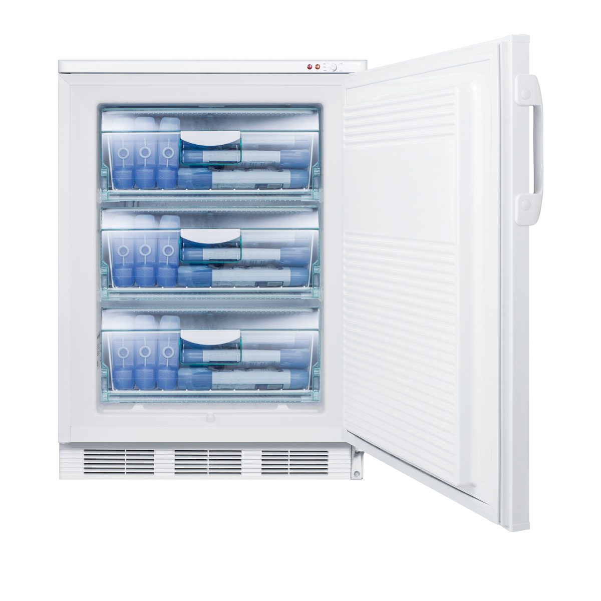 Freestanding medical all-freezer capable of -25 C operation with front-mounted lock